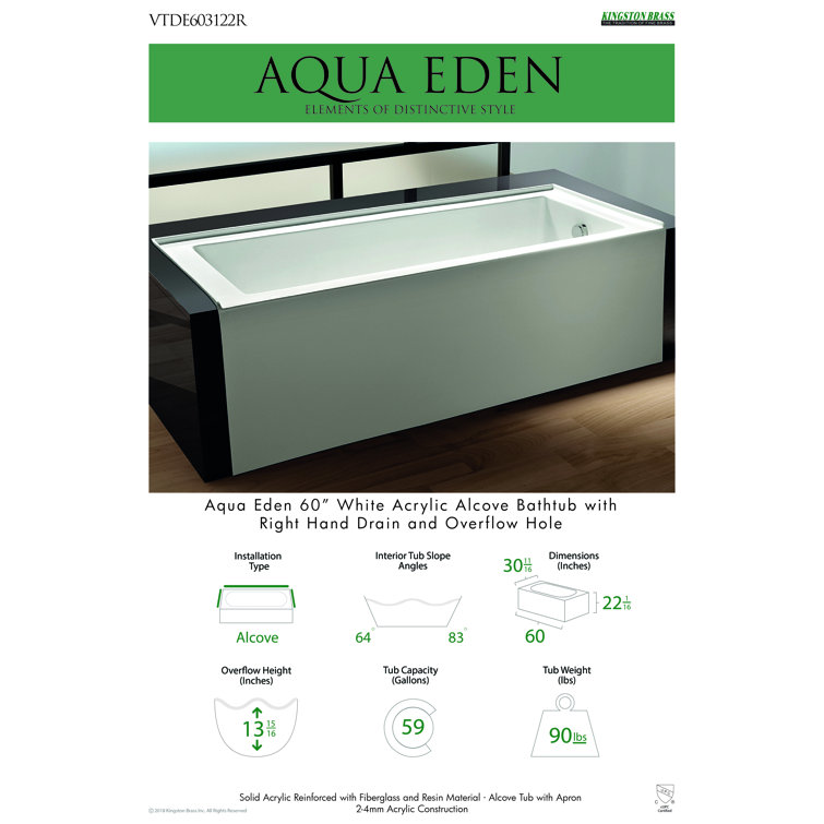 White Acrylic 60-Inch Alcove Soaking Bathtub with Right Hand Drain