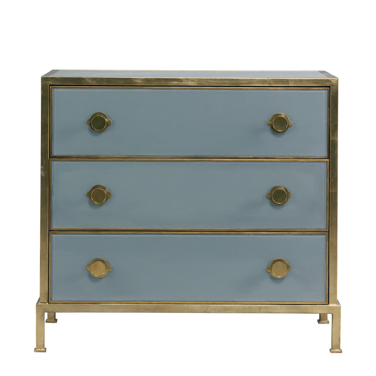 Essex Aged Brass 3-Drawer Accent Chest in Blue and Brown