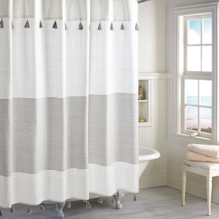 Gray and White Cotton Striped Shower Curtain with Tassels