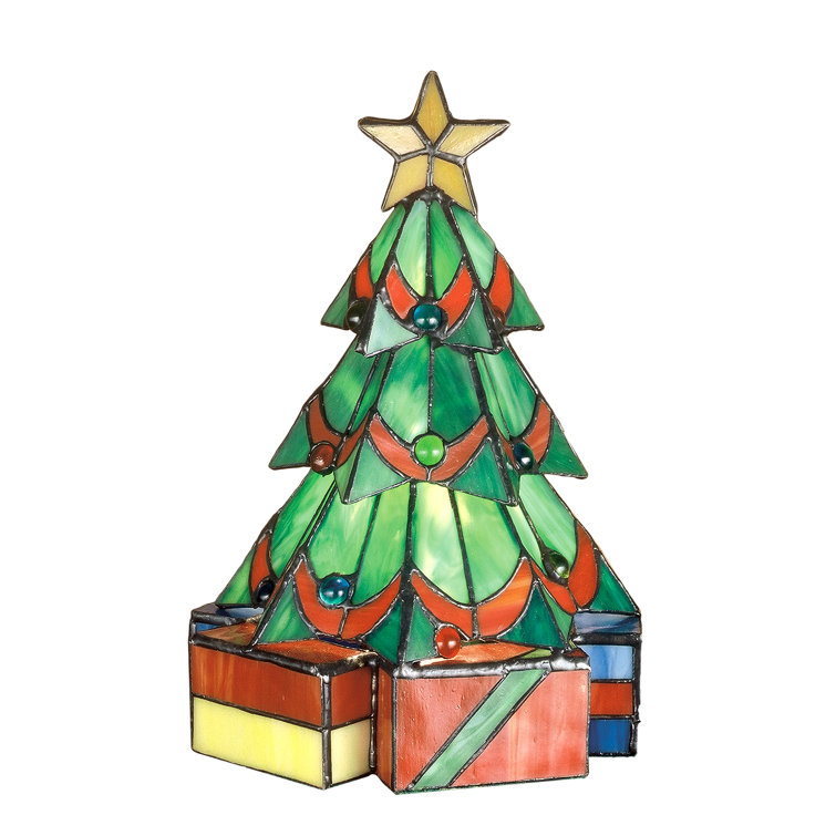 Festive Holiday Christmas Tree Blue Stained Glass Accent Lamp