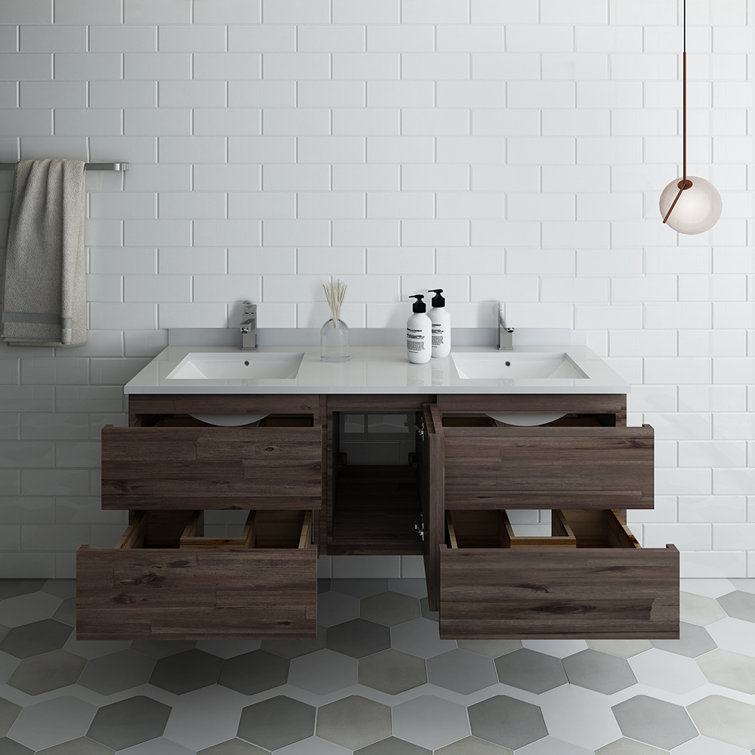 Acacia Wood 58" Wall Mounted Double Sink Bathroom Vanity Base