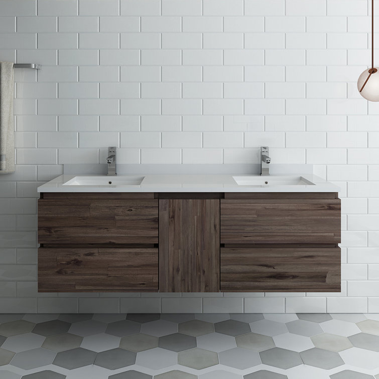 Acacia Wood 58" Wall Mounted Double Sink Bathroom Vanity Base