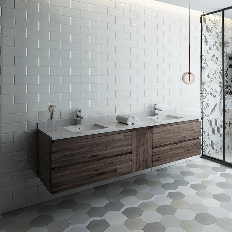 Formosa 84" Acacia Wood Wall-Mounted Double Sink Vanity with Quartz Top