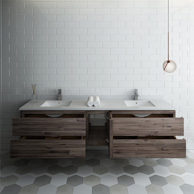 Formosa 84" Acacia Wood Wall-Mounted Double Sink Vanity with Quartz Top