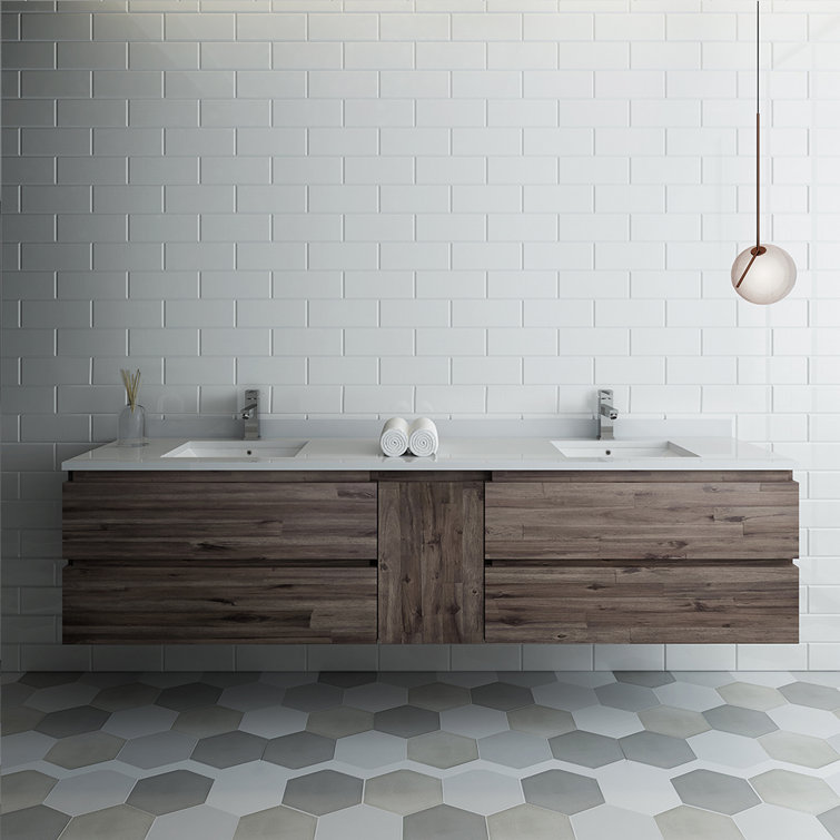 Formosa 84" Acacia Wood Wall-Mounted Double Sink Vanity with Quartz Top