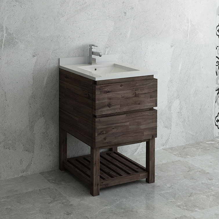 24" Brown Engineered Wood Freestanding Vanity with Quartz Top