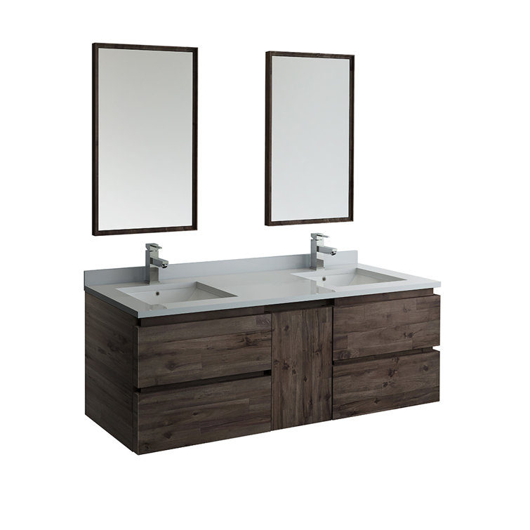 Elegant 60" Dual Sink Brown Quartz Wall-Mount Vanity Set