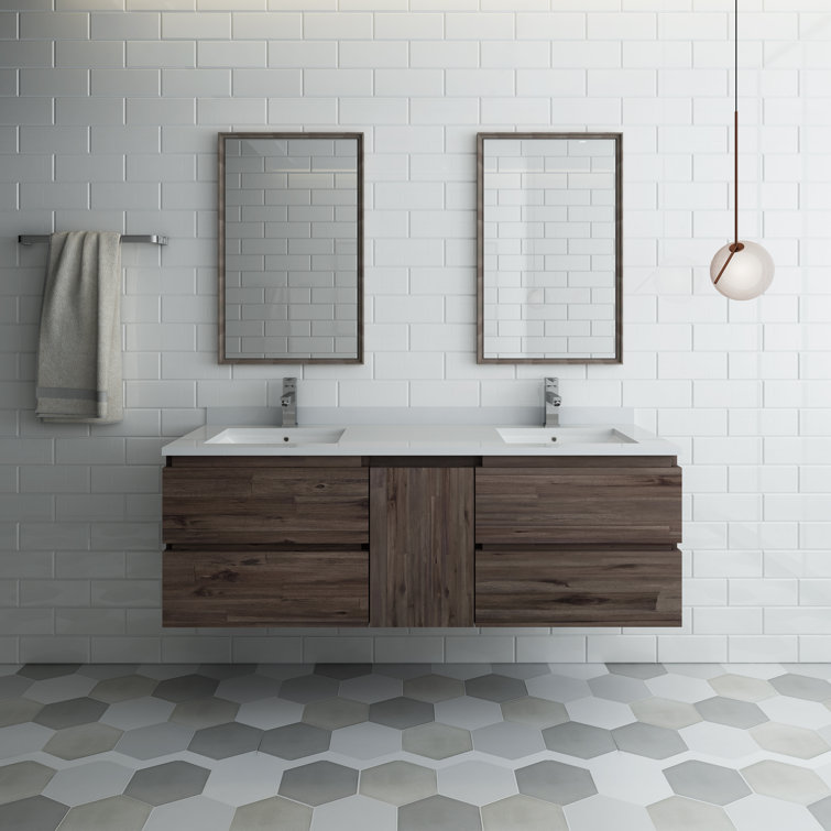 Elegant 60" Dual Sink Brown Quartz Wall-Mount Vanity Set