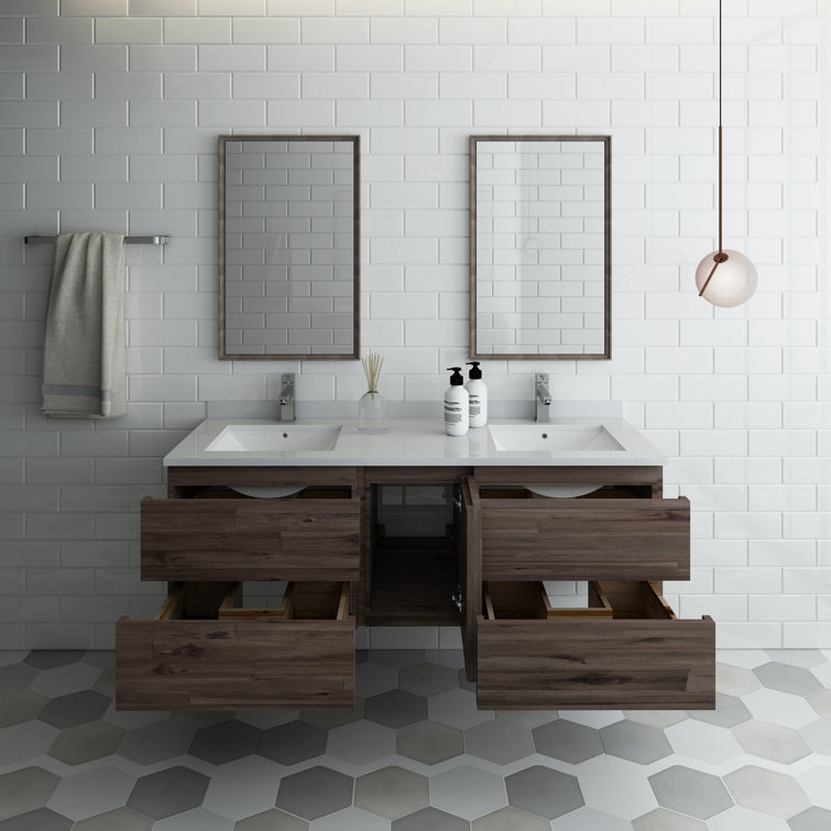 Elegant 60" Dual Sink Brown Quartz Wall-Mount Vanity Set