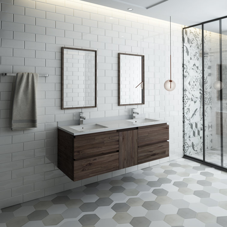 Elegant 60" Dual Sink Brown Quartz Wall-Mount Vanity Set