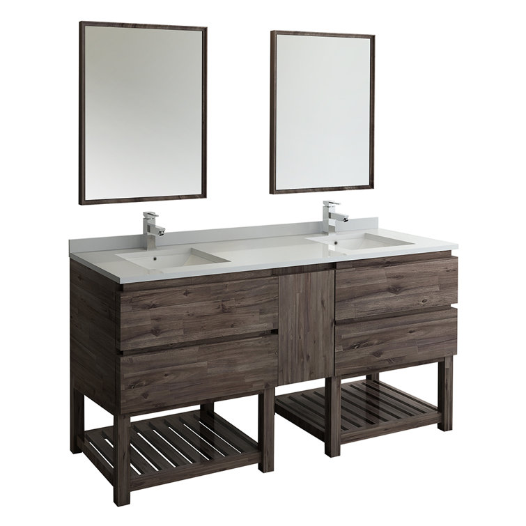 72" Brown Quartz Double Sink Vanity Set with Mirrors