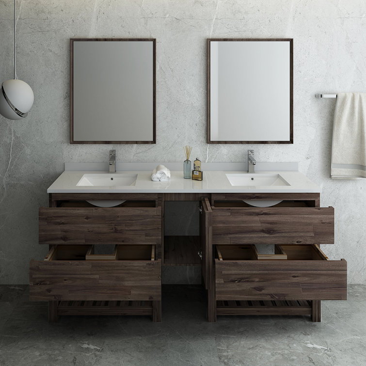 72" Brown Quartz Double Sink Vanity Set with Mirrors