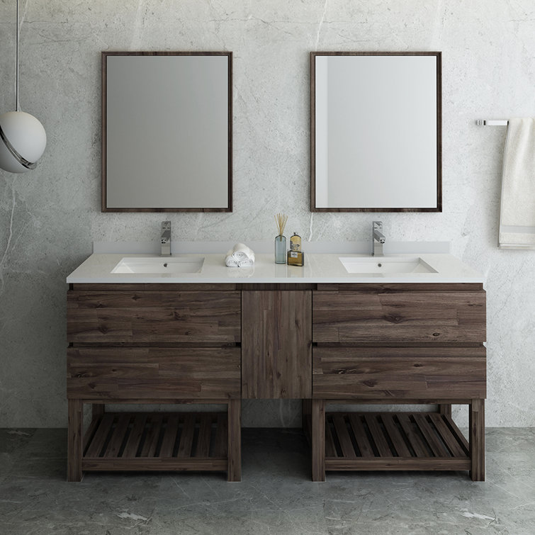 72" Brown Quartz Double Sink Vanity Set with Mirrors
