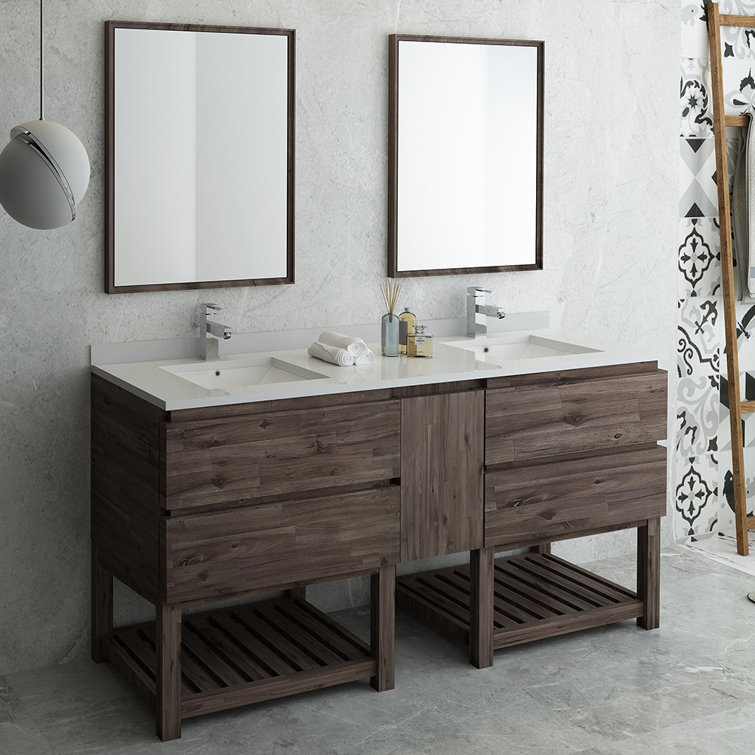 72" Brown Quartz Double Sink Vanity Set with Mirrors