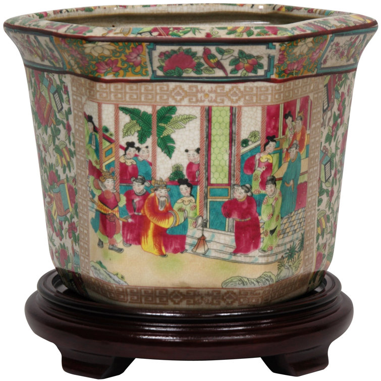 Medium Hexagonal Rose Medallion Porcelain Flower Pot