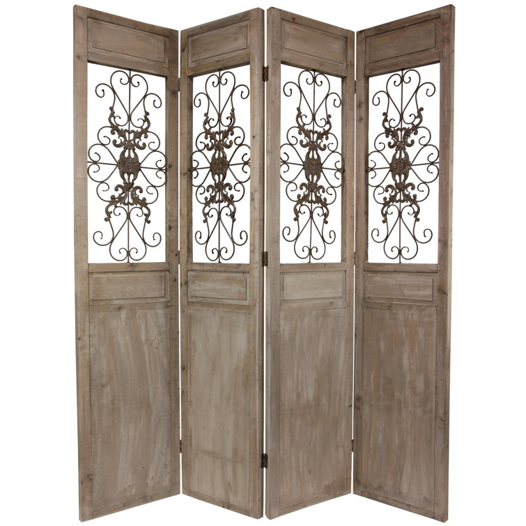 85.25" Distressed Gray Wood and Metal Scrollwork 4-Panel Room Divider