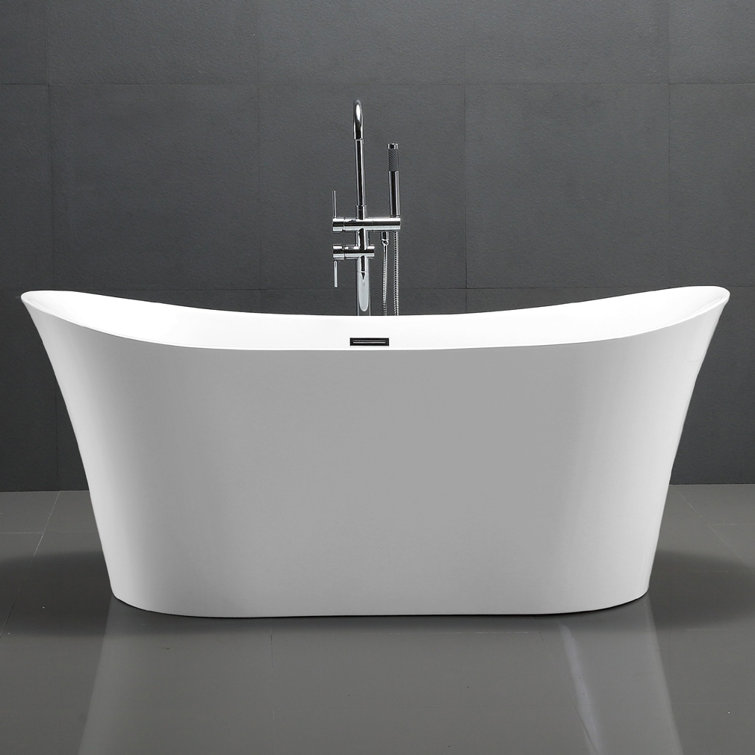 67-Inch White Acrylic Freestanding Soaking Bathtub with Polished Chrome Overflow