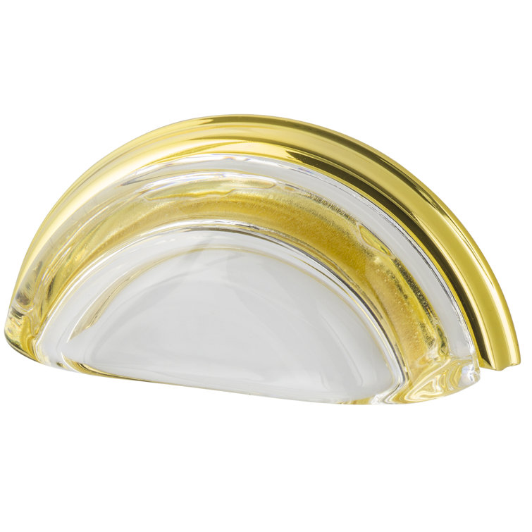 Polished Brass and Crystal Mid-Century Cup Pull with Mounting Hardware