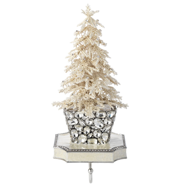 White Flocked Crystal Tree Stocking Holder with Pewter Base