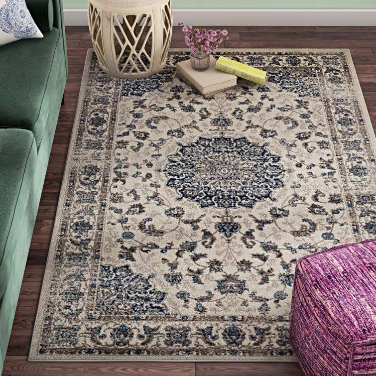 Ivory and Moroccan Blue Medallion Synthetic 5x8 Rug