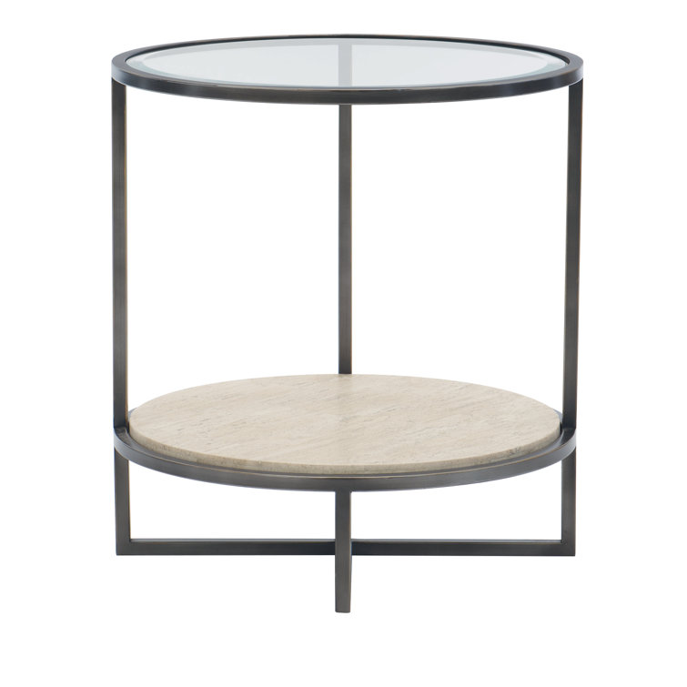 Harlow Transitional Chairside Table with Glass Top and Stone Shelf