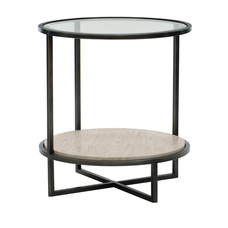 Harlow Transitional Chairside Table with Glass Top and Stone Shelf