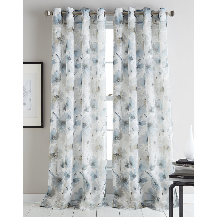 Linen Floral Sheer Grommet Curtain Panel