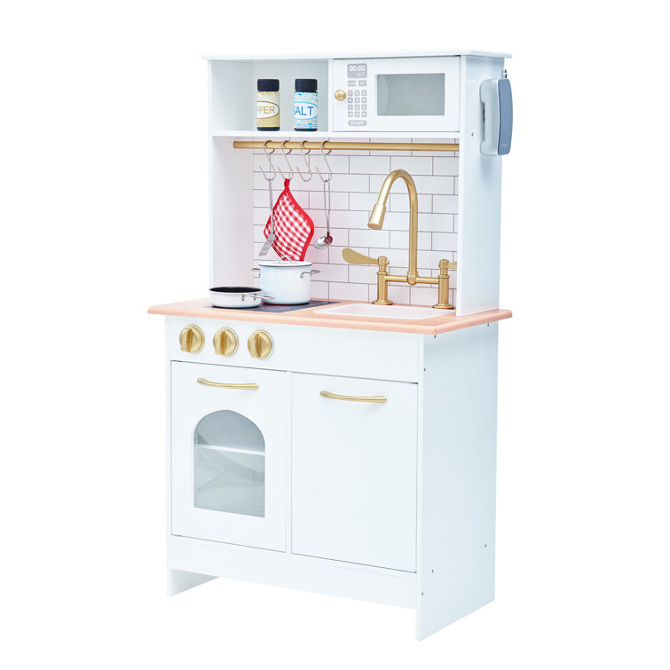 White and Gold Wooden Play Kitchen with Accessories