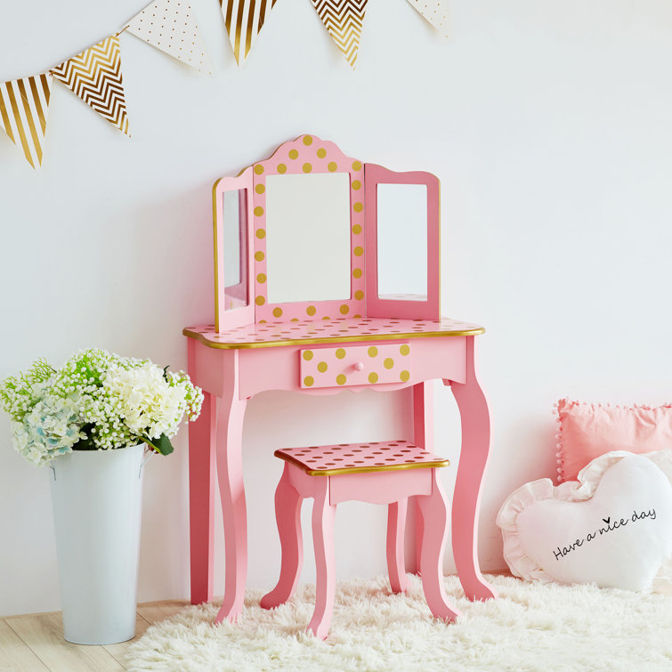 Pink and Gold Polka Dot Kids Vanity Set with Bench