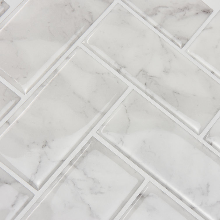 White and Off-White Herringbone Peel and Stick Marble Backsplash Tiles