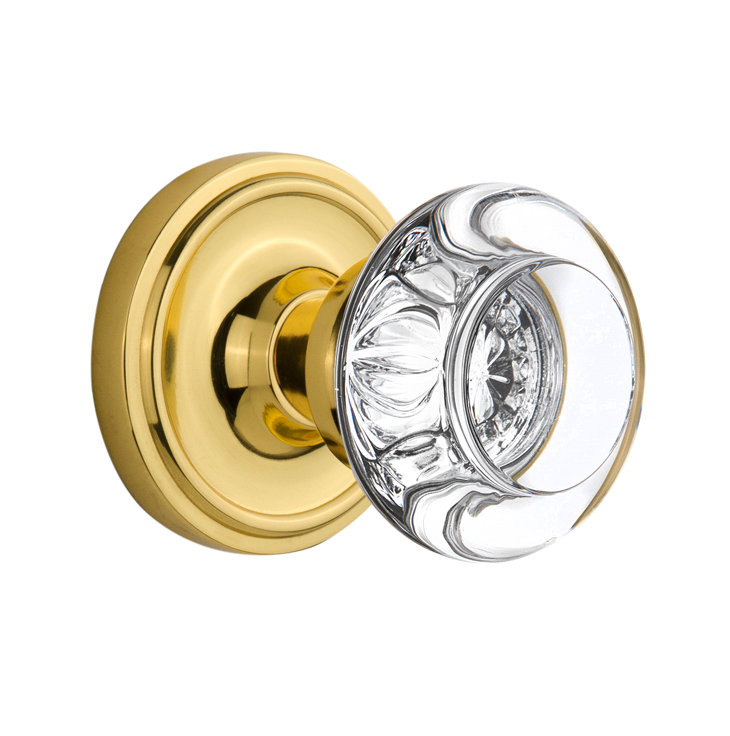 Classic Unlacquered Brass Rosette with Round Clear Crystal Door Knob