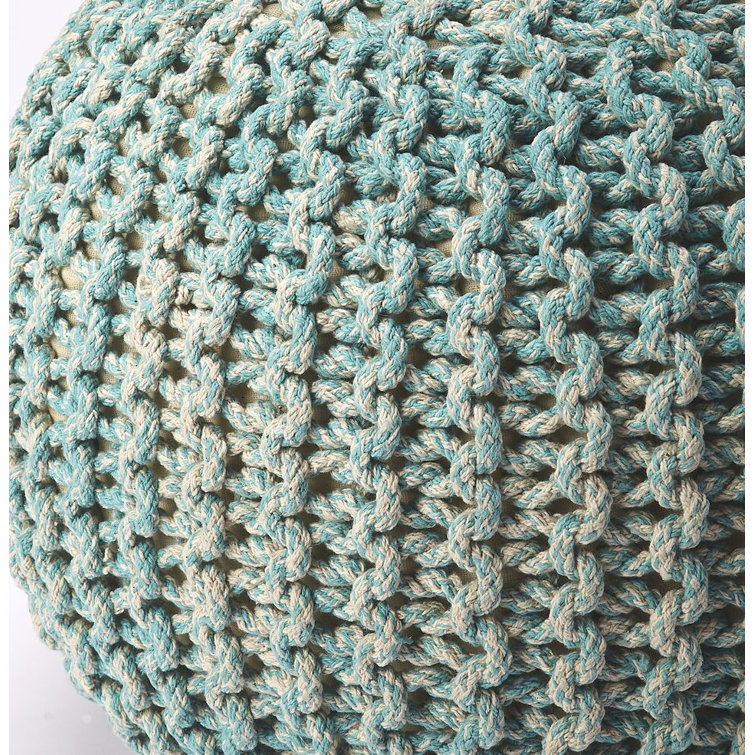 Green Woven Cotton Round Pouf with Storage