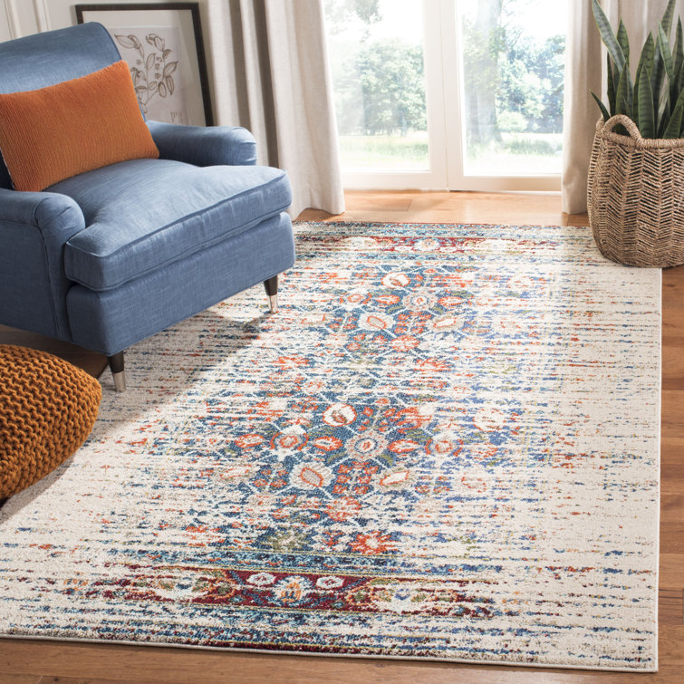 Ivory and Blue Synthetic Boho-Chic Area Rug