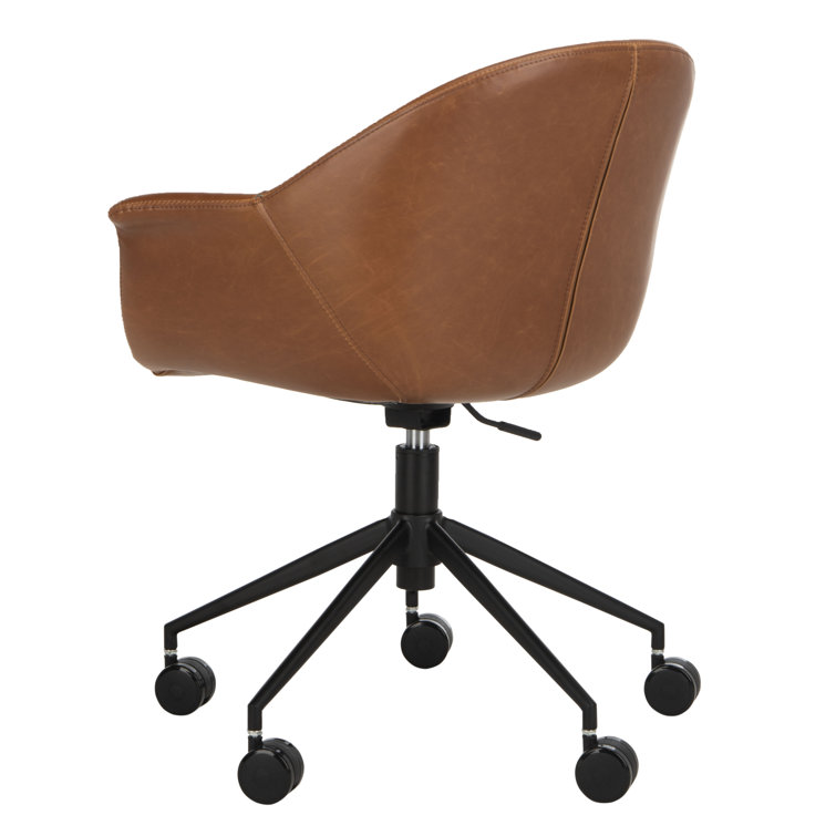 Transitional Ember Swivel Task Chair in Light Brown Leather and Black Wood