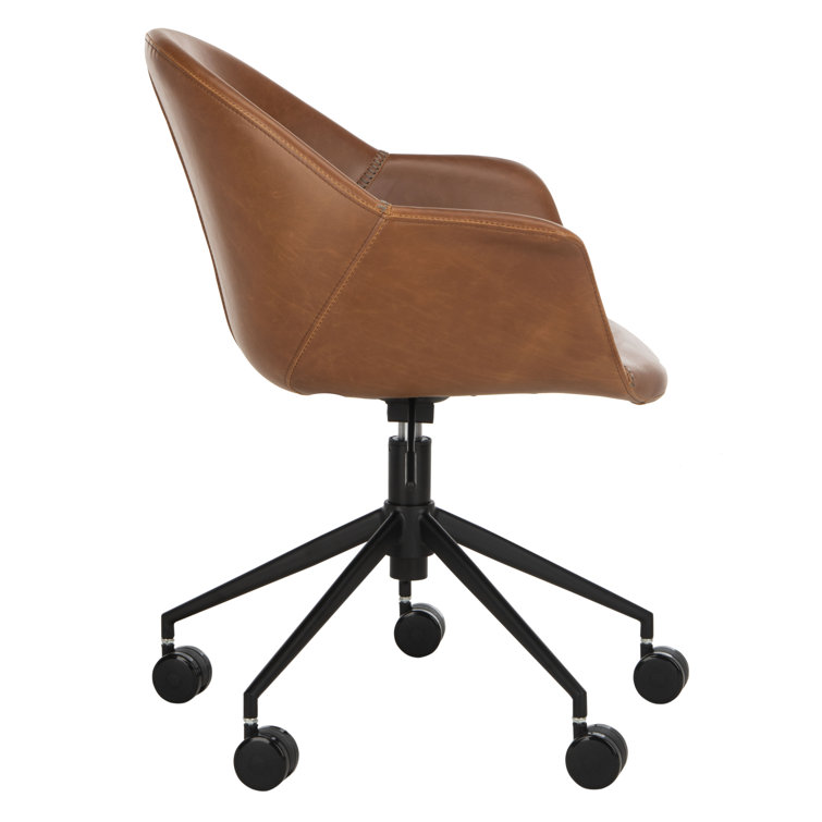 Transitional Ember Swivel Task Chair in Light Brown Leather and Black Wood