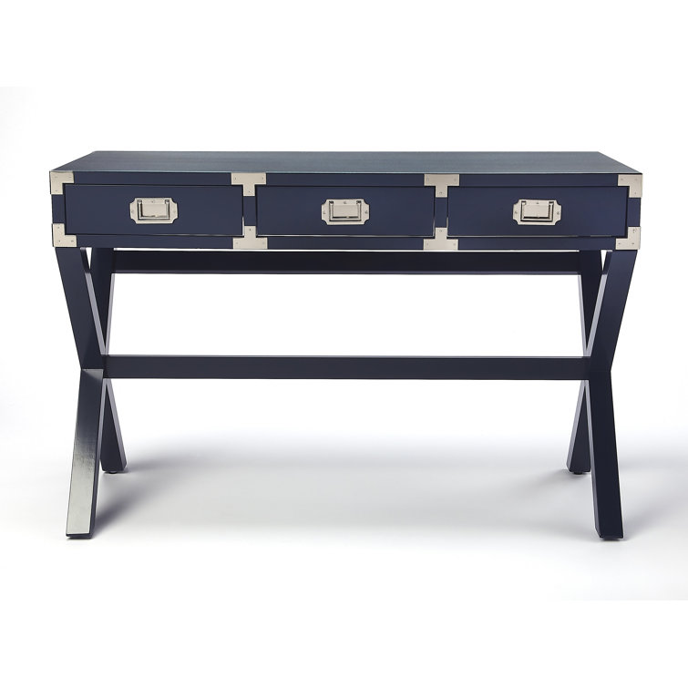 Blue Campaign Style Wood Writing Desk with Drawers