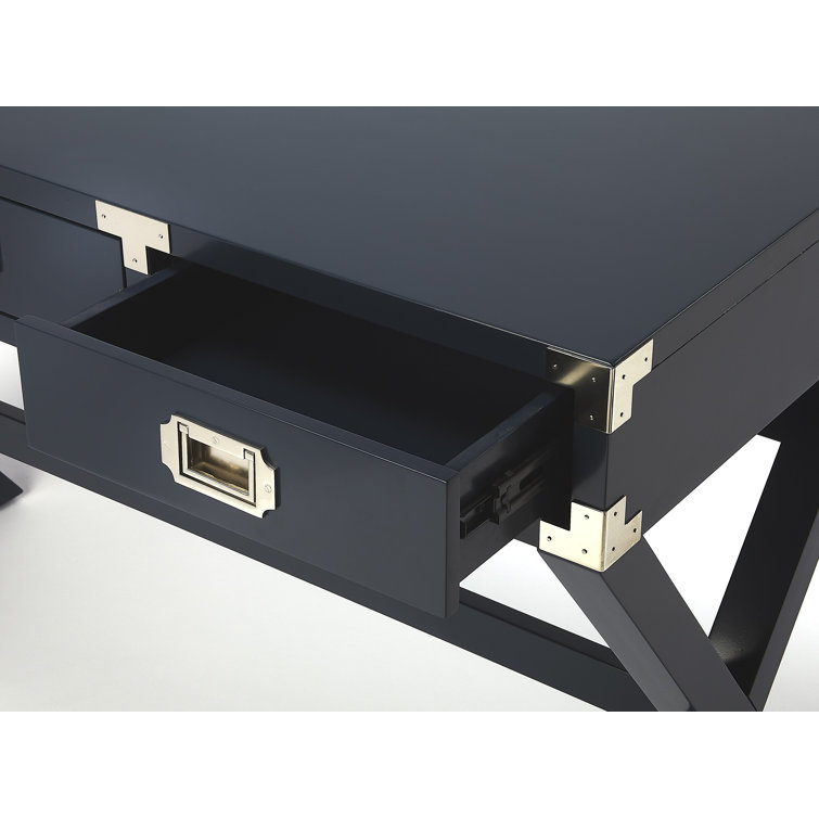 Blue Campaign Style Wood Writing Desk with Drawers