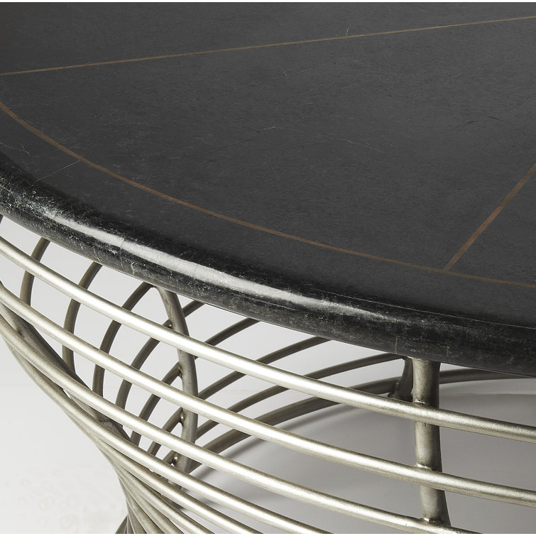 Triangular Black Fossil Stone & Silver Metal Coffee Table