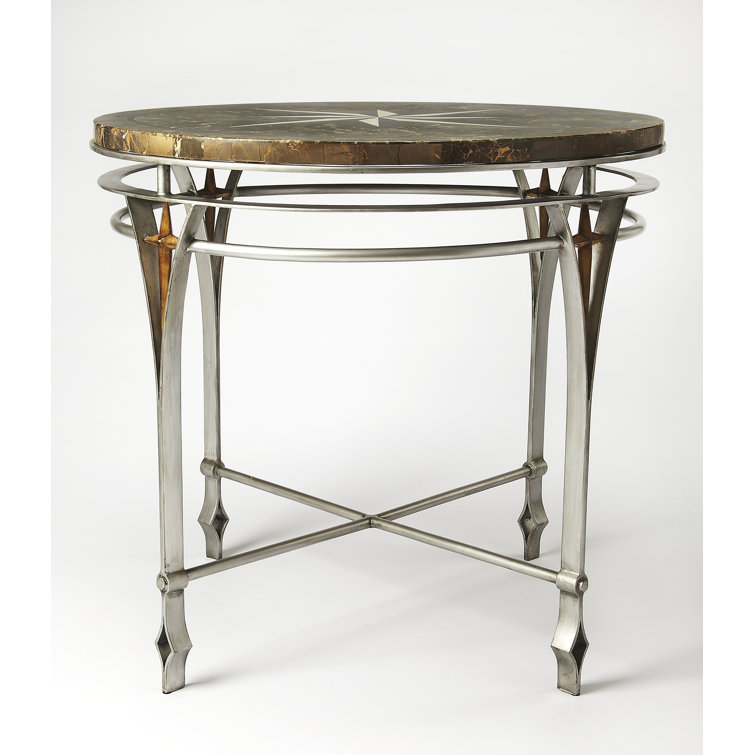 Elegant Round Fossil Stone & Wood 36" Foyer Table