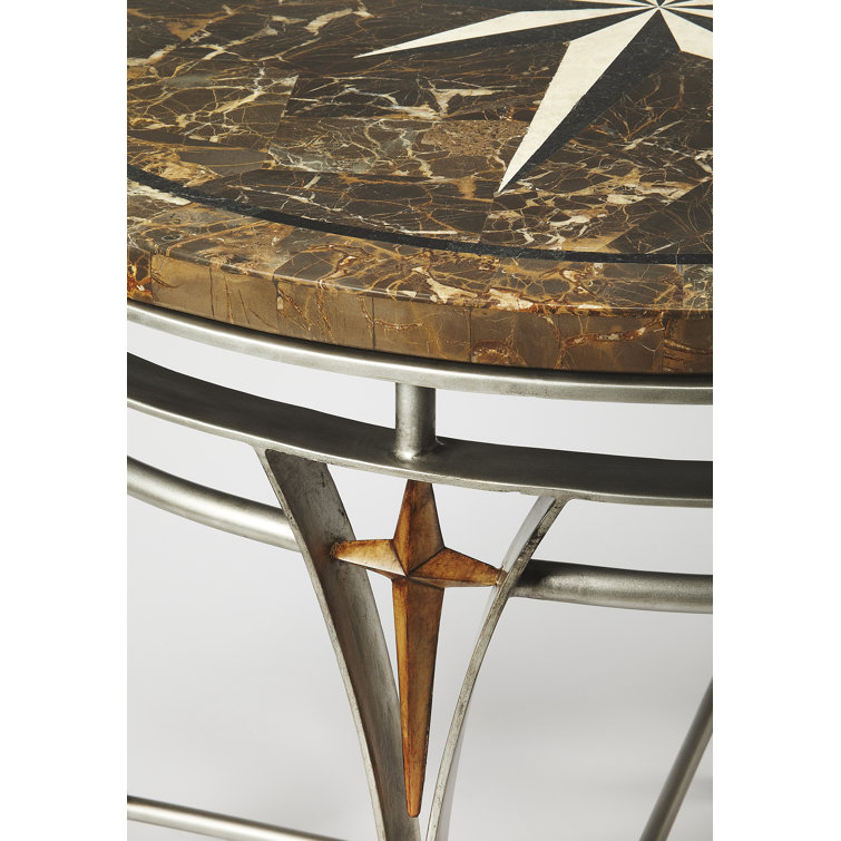 Elegant Round Fossil Stone & Wood 36" Foyer Table
