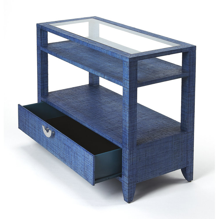 Ocean Blue Raffia Clad Glass-Top Console Table with Storage