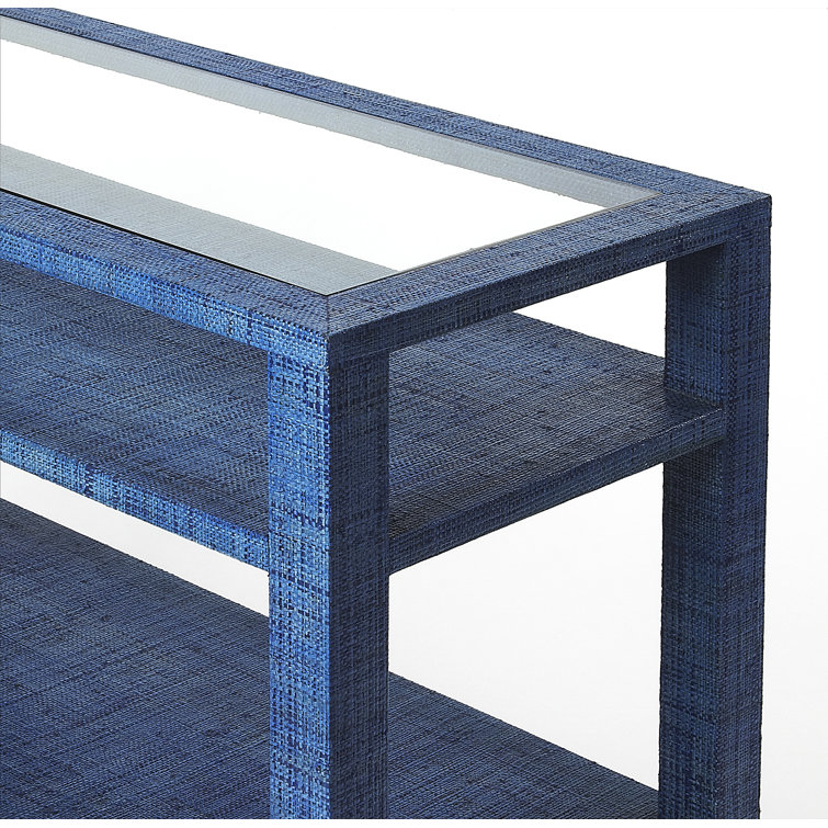 Ocean Blue Raffia Clad Glass-Top Console Table with Storage