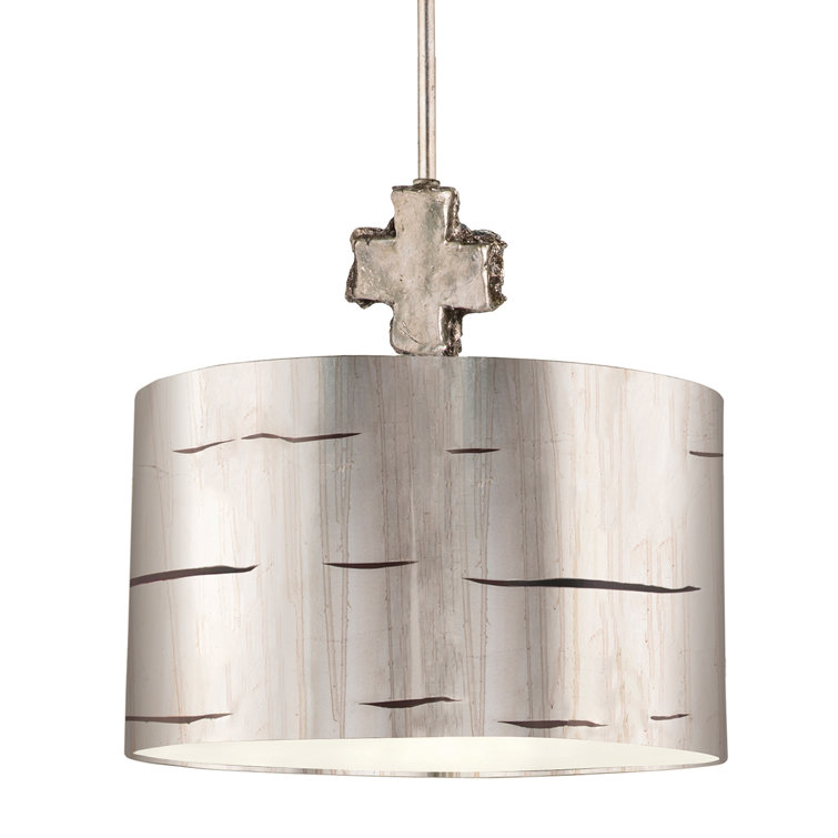Aged Silver Leaf Drum Pendant Light with Glass Shade
