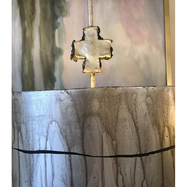 Aged Silver Leaf Drum Pendant Light with Glass Shade