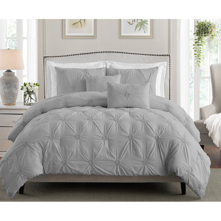 Gray Full Microfiber Floral Pintuck Comforter Set
