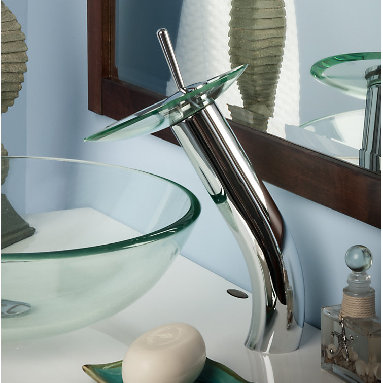 Polished Chrome Single Handle Waterfall Vessel Faucet with Clear Glass Disc