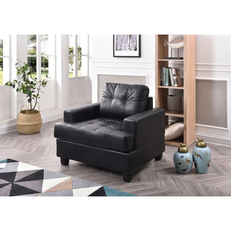 Black Faux Leather and Wood Tufted Accent Chair