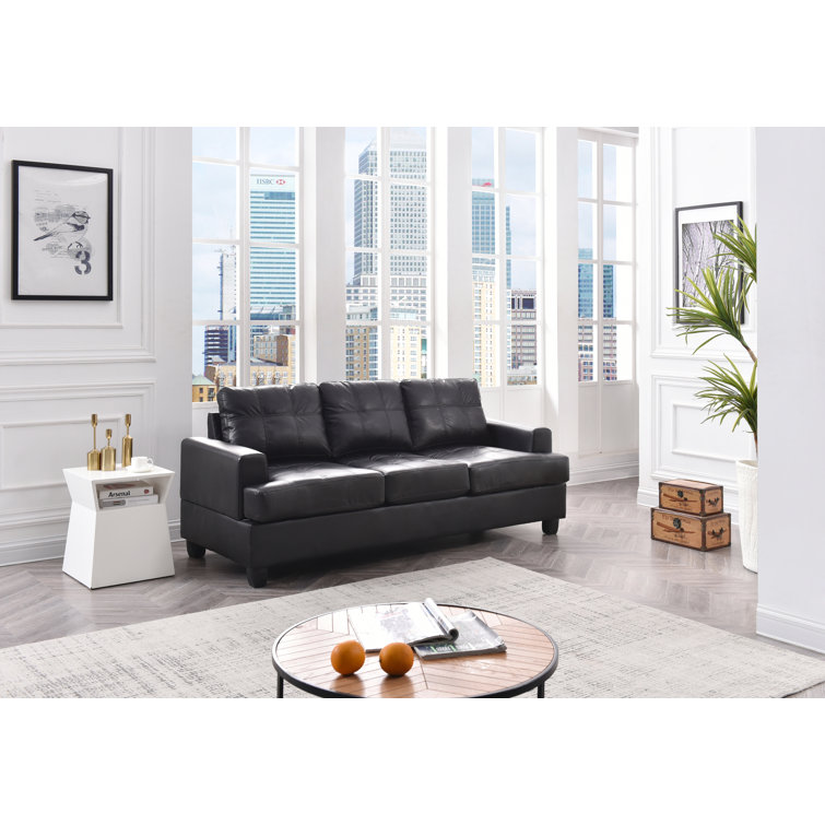 Black Tufted Faux Leather Three Piece Sofa with Wood Track Arm