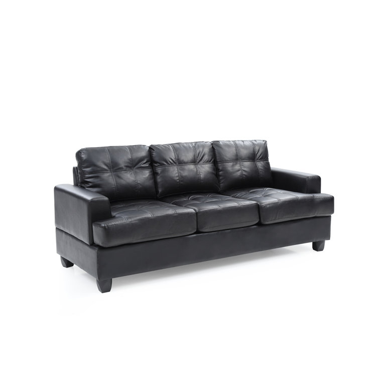 Black Tufted Faux Leather Three Piece Sofa with Wood Track Arm