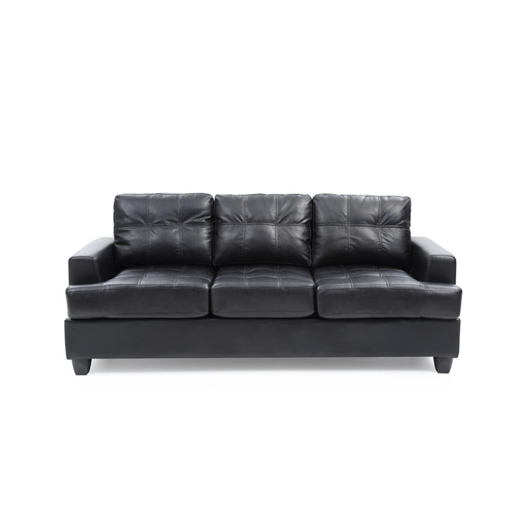 Black Tufted Faux Leather Three Piece Sofa with Wood Track Arm